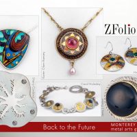 front of postcard image for ZFolio Gallery show "Back to the future" features a brooch, pendants, earrings, a bracelet, and a ring