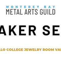 calipers, pliers, graver and hammer surround the Speaker Series announcement for the Monterey Bay Metal Arts Guild