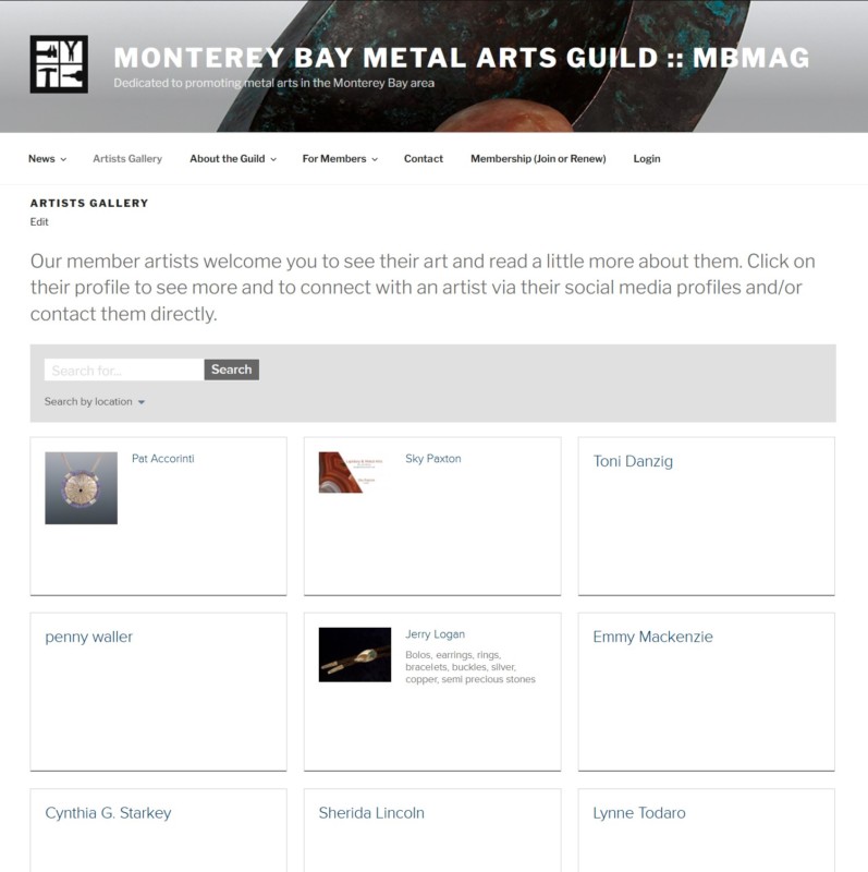 screenshot of the artists gallery page on this website featuring a random display of artists