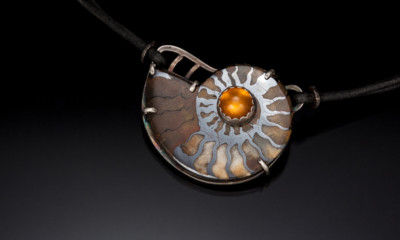 Ammonite, silver and stone pendant on necklace by Carol Holaday