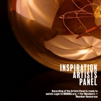 "inspiration artists panel" with a graphic of a lightbulb closeup "Recording of the artists' panel is ready to watch"