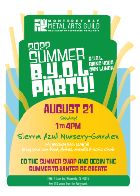 flyer with a sun, a blue sky, and details of the summer party 2022
