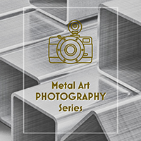 banner for Metal Art Photography series page. Image of aluminum bar stock with a camera icon and series title text