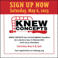 invitation to sign up for a free tour of the Knew Concept jewelry and woodworking tools factory at their new location in Watsonville CA on May 6, 2023. Participants must be a current MBMAG member.