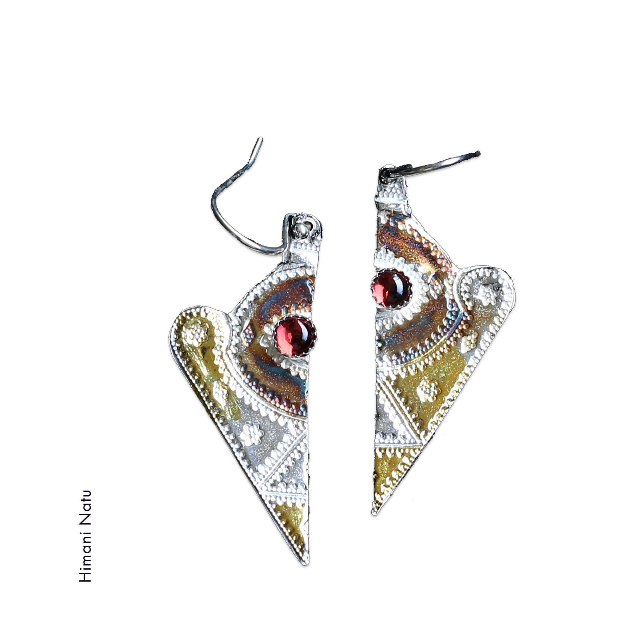 fine silver with gold accented earrings that look cut in half; but each has a round stone set towards the top by Himani Natu