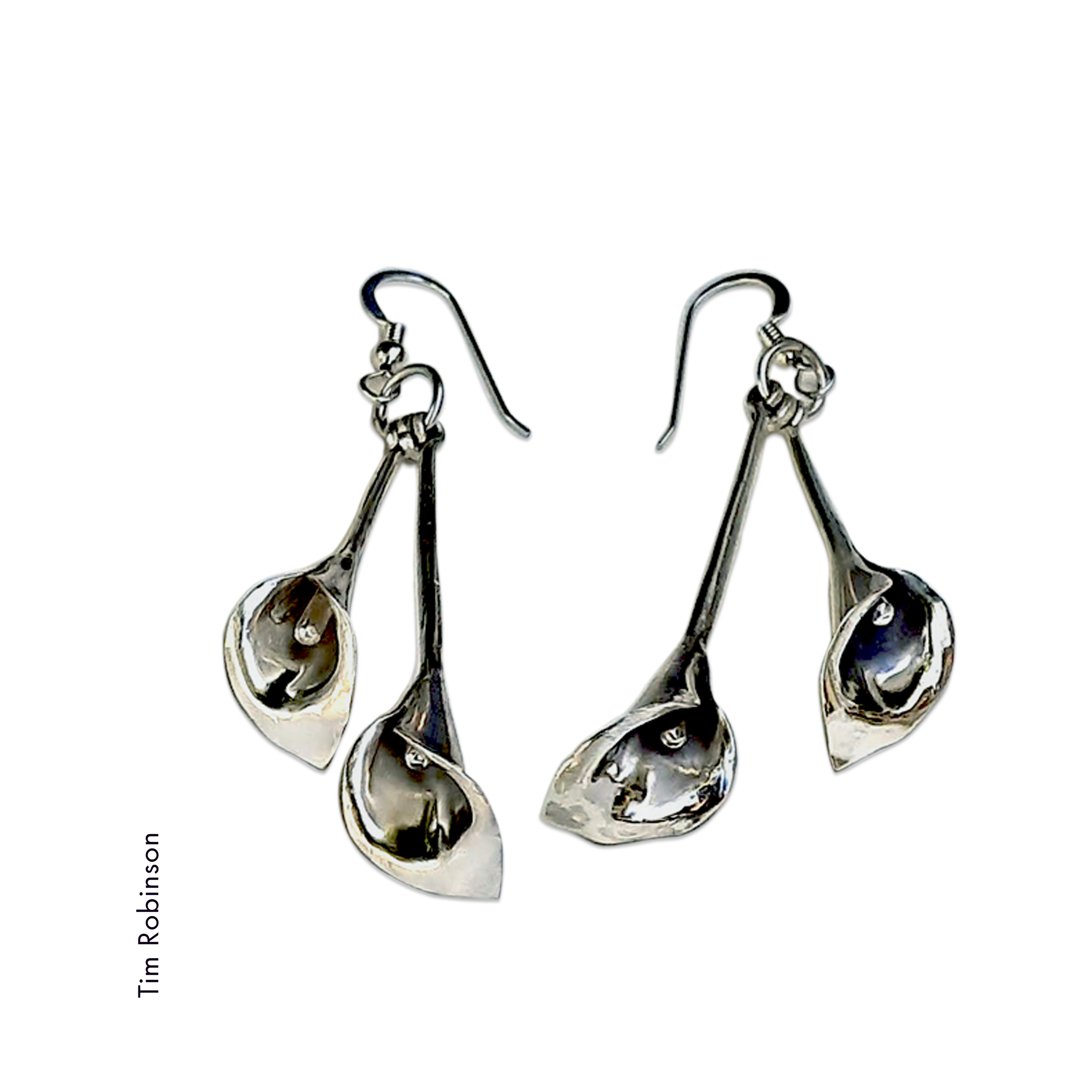 Tim Robinson made these double down facing cala lily sterling silver earrings