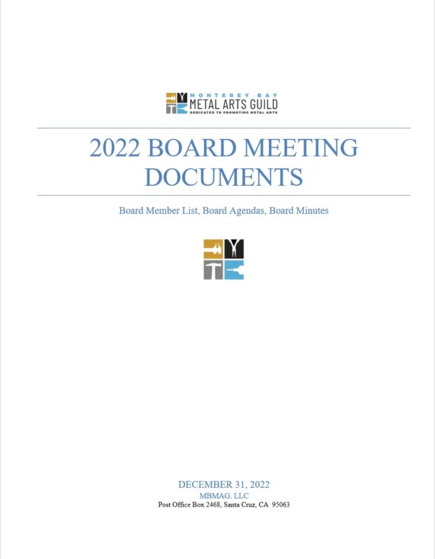 screenshot of the title page of the pdf file containing board member list, board agendas, and Monterey Bay Metal Arts Guild guild board minutes (copies of written minutes & video links)