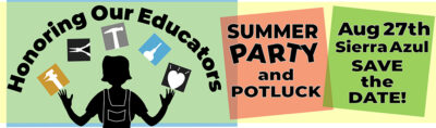 an illustration of a metal arts educator is juggling tools (calipers, pliers, hammer & graver) in this Honoring Local Educators summer party announcement