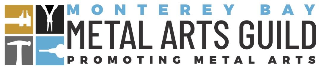 "Monterey Bay Metal Arts Guild: Promoting Metal Arts" logo with an icon to the left of the text containing outlines of the following: digital calipers white outline on gold; upper right = white outline of chain nose pliers on black; lower right = white graver outline on blue; lower left = hammer outline on dark gray. The colors signify gold, iron or patina, the ocean, and silver