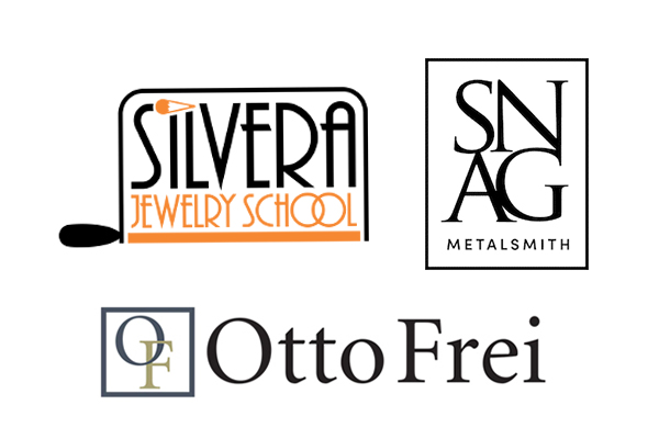 "Silvera Jewelry School" logo is a torch with flame 'S' inside a jewelers saw. "SNAG METALSMITH" logo is those two words. "Otto Frei" is spelled to the right of OF as the logo for this SF Bay Area metal arts tool supplier