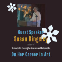 a photo of Guest Speaker Susan Kingsley speaking at the 2023 MBMAG Winter Party about her career in art. Susan Kingsley is the author of Hydraulic Die Forming for Jewelers and Metalsmiths